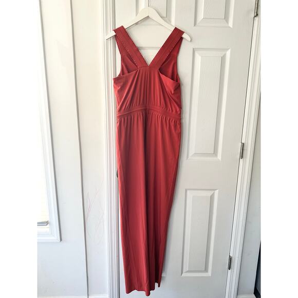 Athleta Savannah Rust Orange Currant Red Ruffle Strap Wide Leg Jumpsuit 6 - Picture 3 of 13